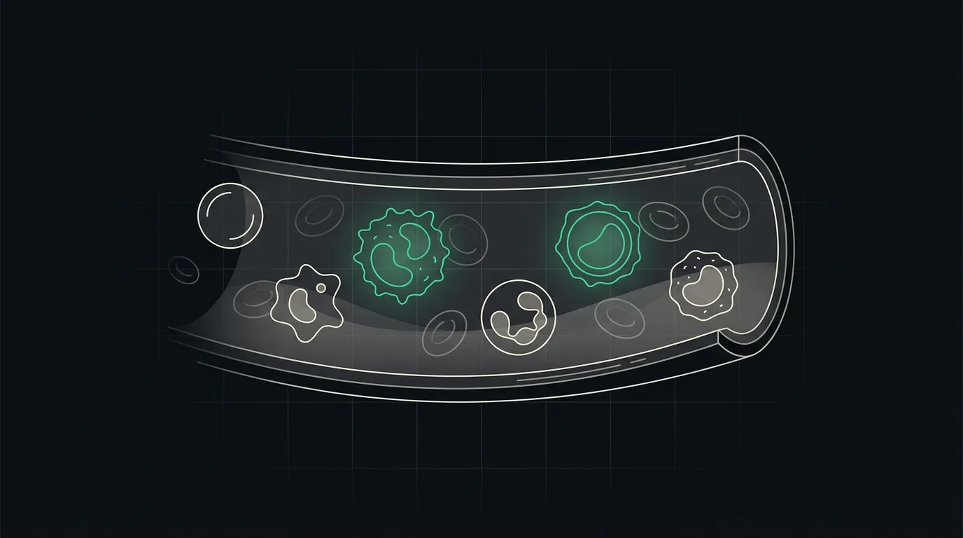 Several varied white blood cells patrolling a vessel among red cells, two picked out in emerald.